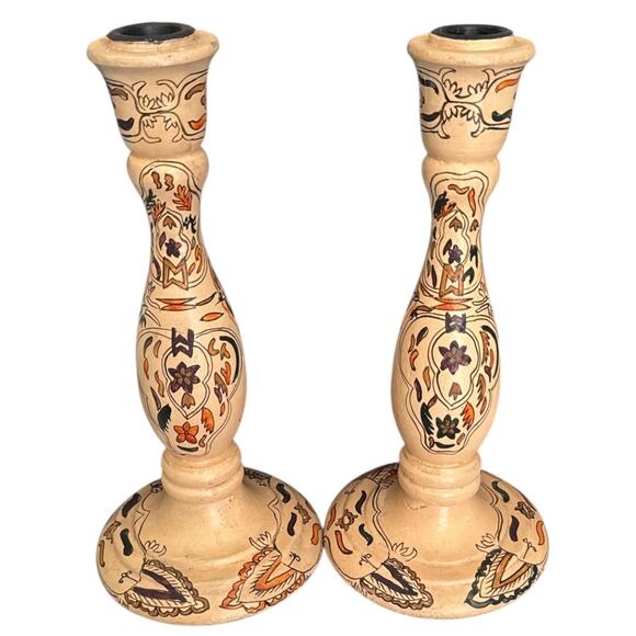 Unique Hand Painted Floral Neutral Colors Wooden Candle Holders Set of 2 - Picture 2 of 10